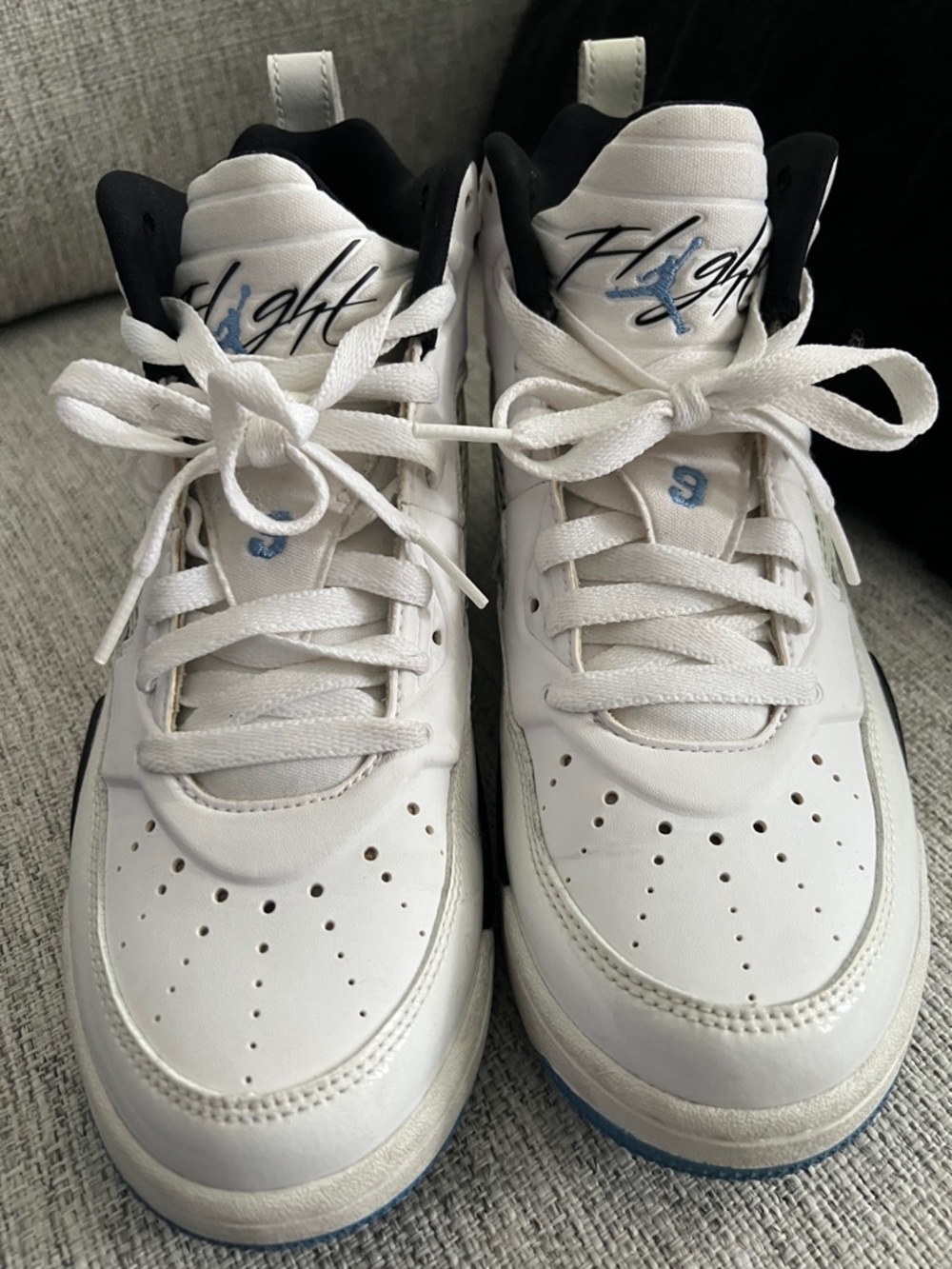 White 'Flight' Jordan Basketball Sneakers with Light Blue Accents